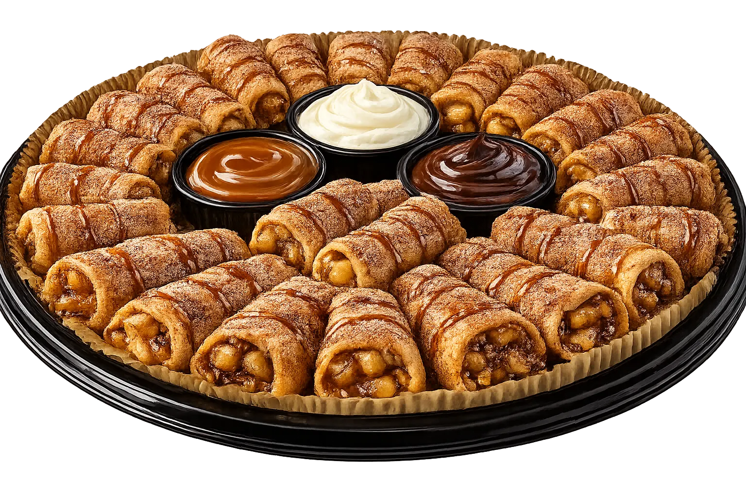 Party platter of mini apple Miniella Apple Rolls with dipping sauces