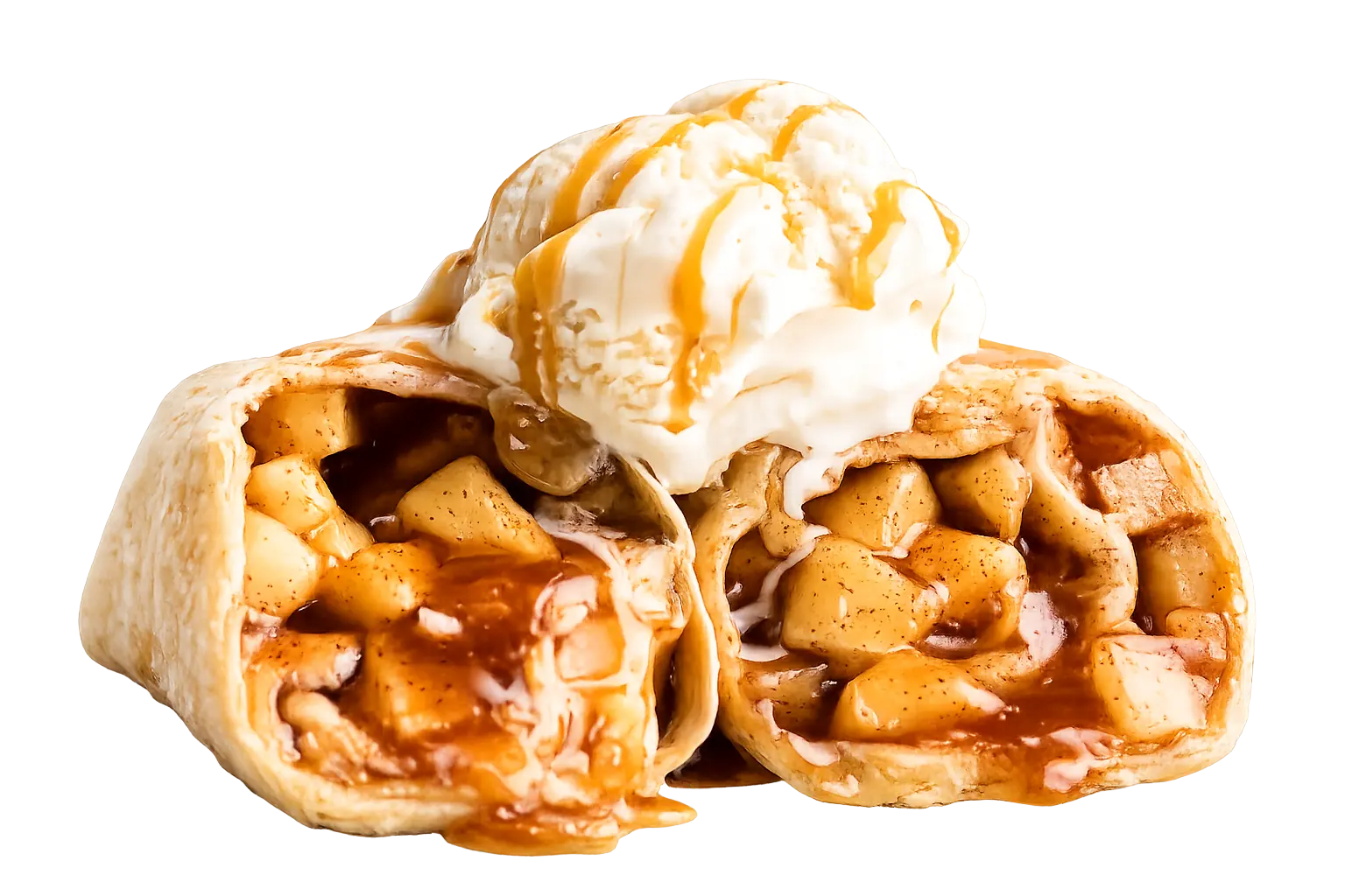 Golden-fried Miniella Apple Rolls with cinnamon apples and caramel drizzle