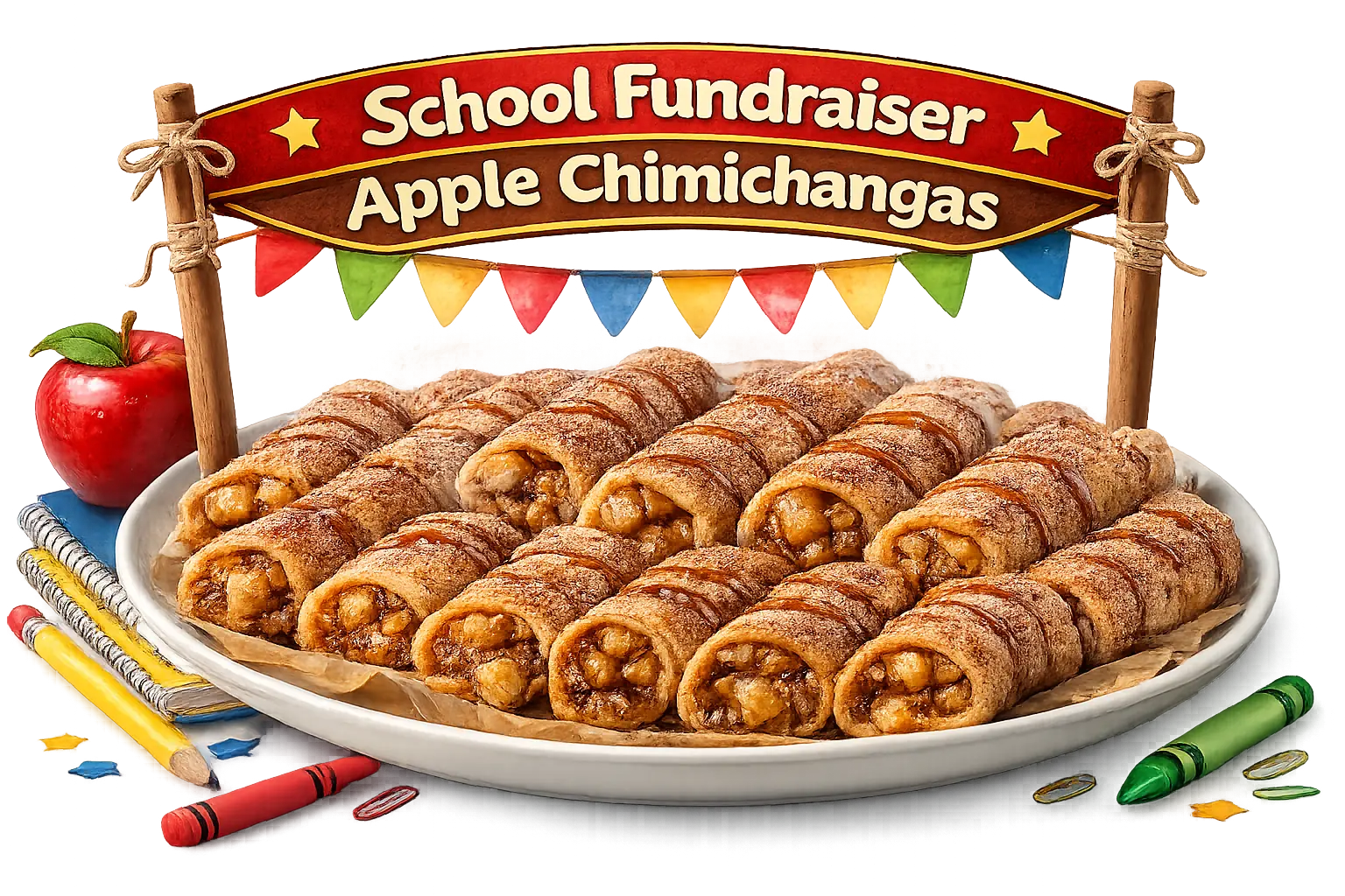 School fundraiser banner with apple Miniella Apple Rolls illustration