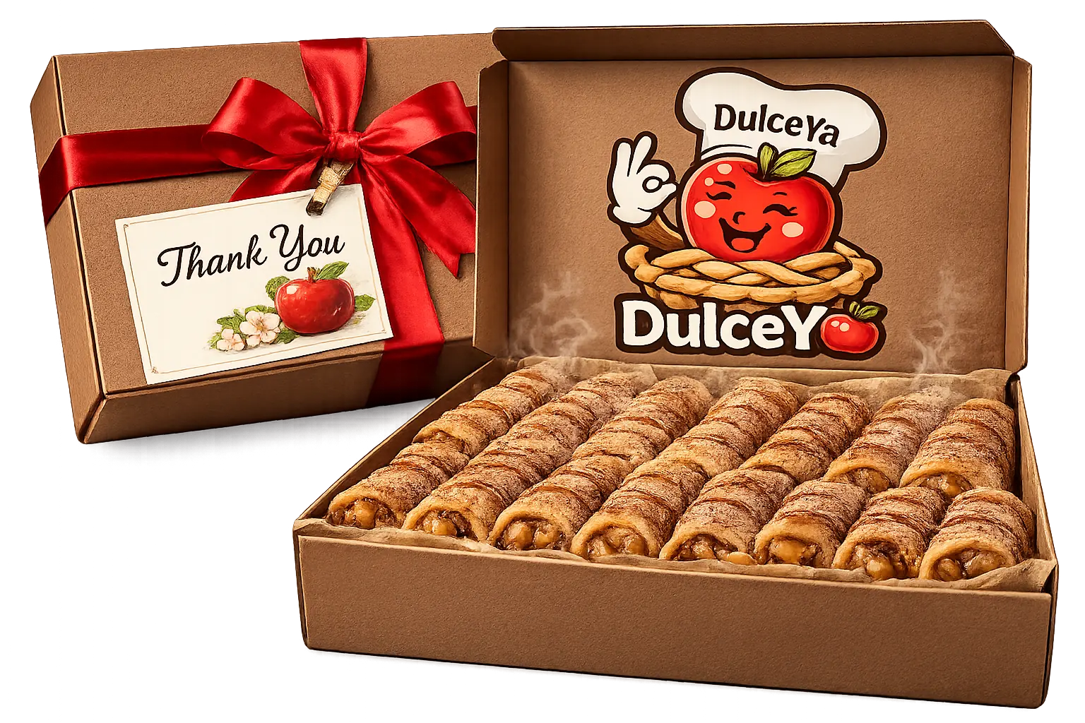 Miniella Apple Rolls gift box with ribbon and greeting card