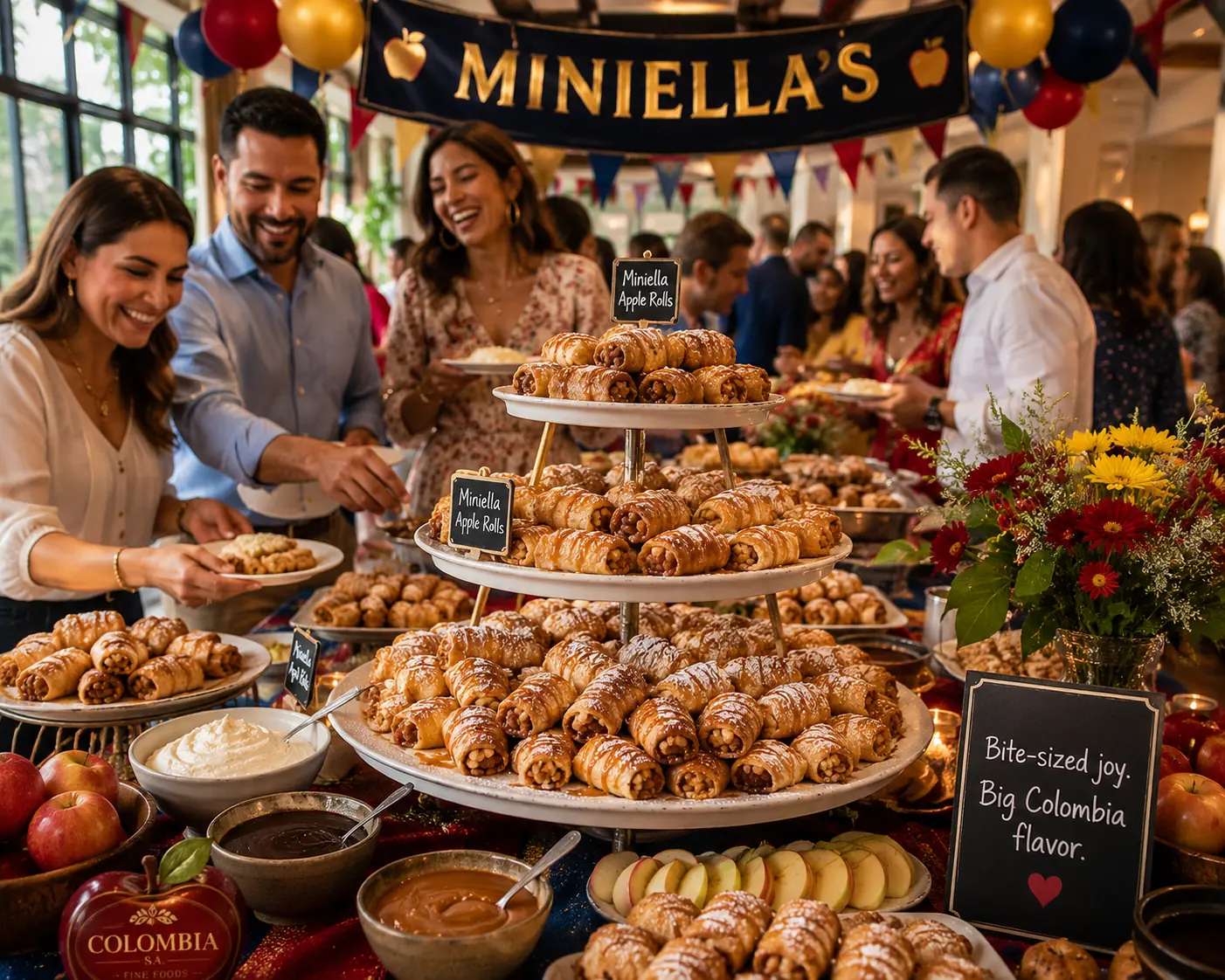 Event buffet table with tiered stands of Miniella Apple Rolls, guests laughing and serving themselves, festive decorations saying 'Miniella's', bright Colombia party atmosphere.