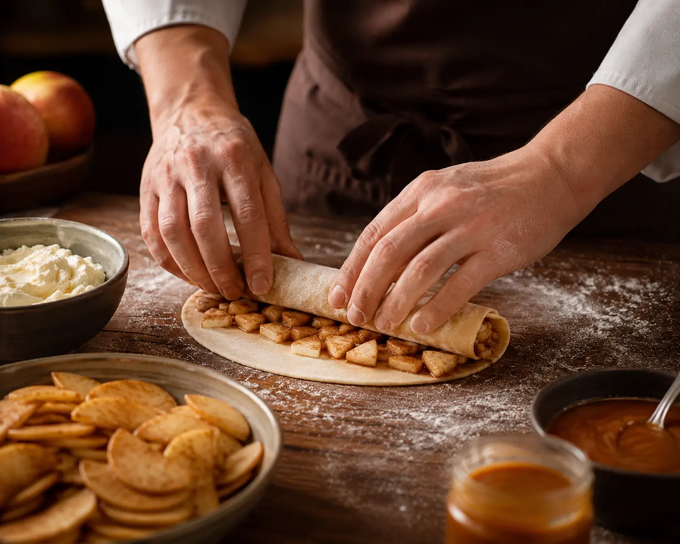 Chef's hands rolling a Miniella Apple Roll on a floured wooden table with spiced apples, cream cheese, and caramel nearby, warm artisan kitchen lighting.