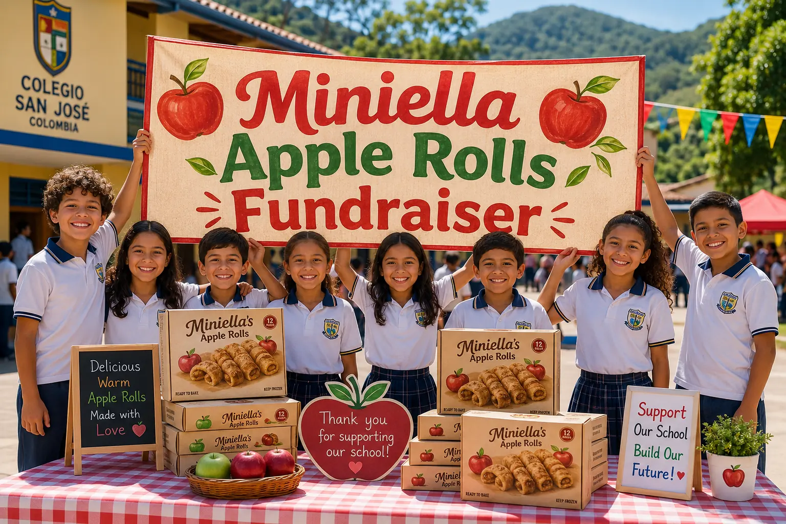 Smiling children holding a fundraiser banner 'Miniella Apple Rolls Fundraiser', table with frozen roll boxes, sunny outdoor Colombia school event.