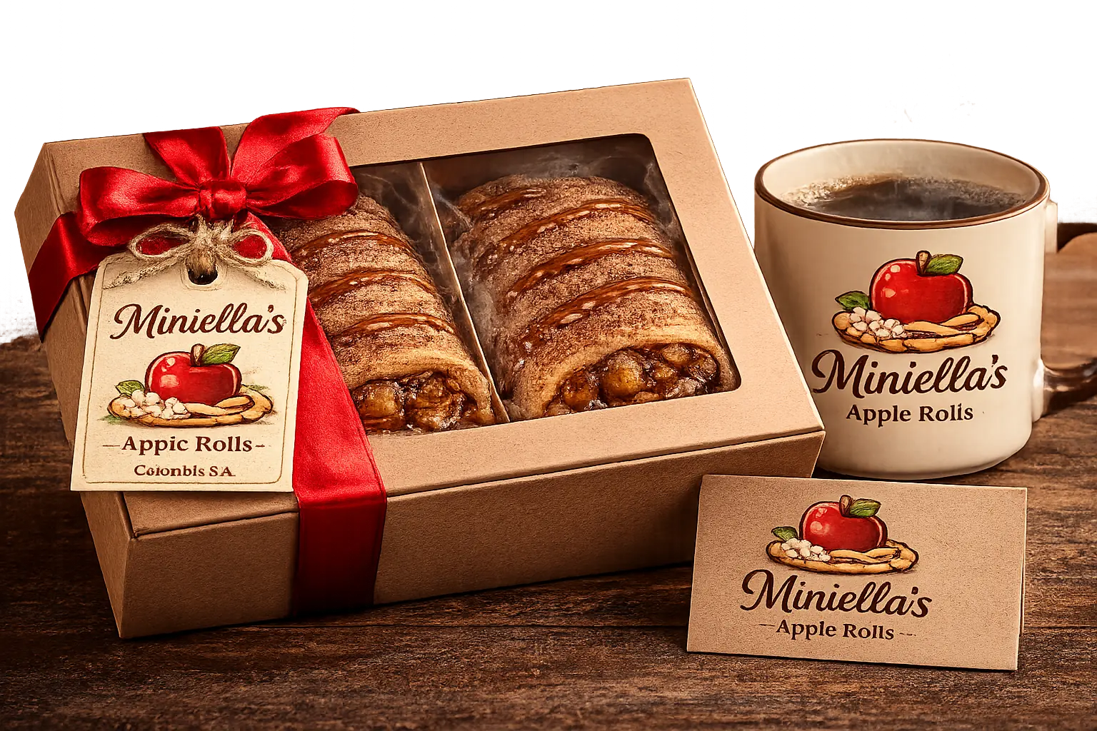 Premium gift box with window showing two Miniella Apple Rolls, ribbon, gift tag, branded mug and gift card on rustic wood.
