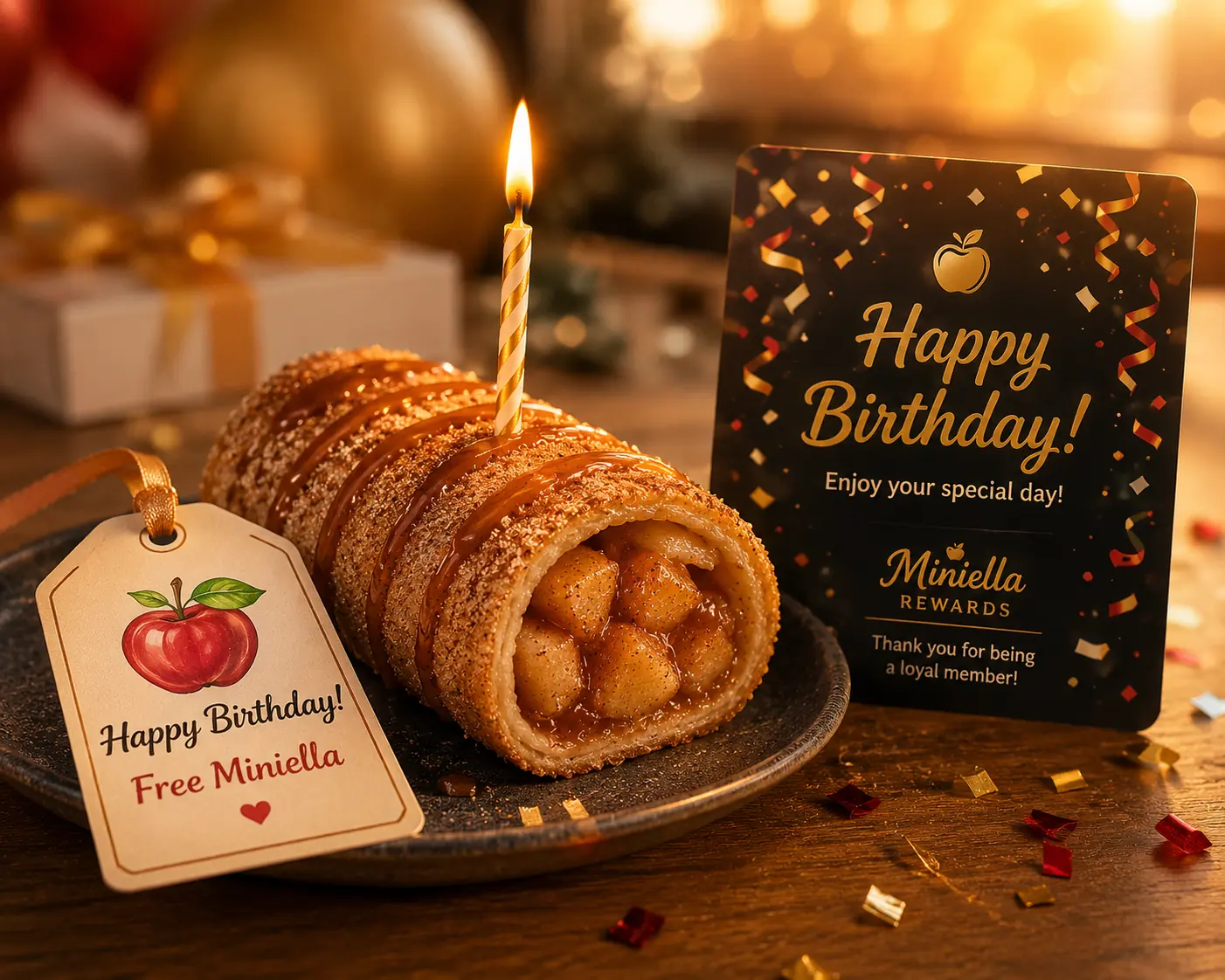 Miniella Apple Roll with a birthday candle, gift tag 'Free Miniella', rewards card with confetti design, warm festive lighting.