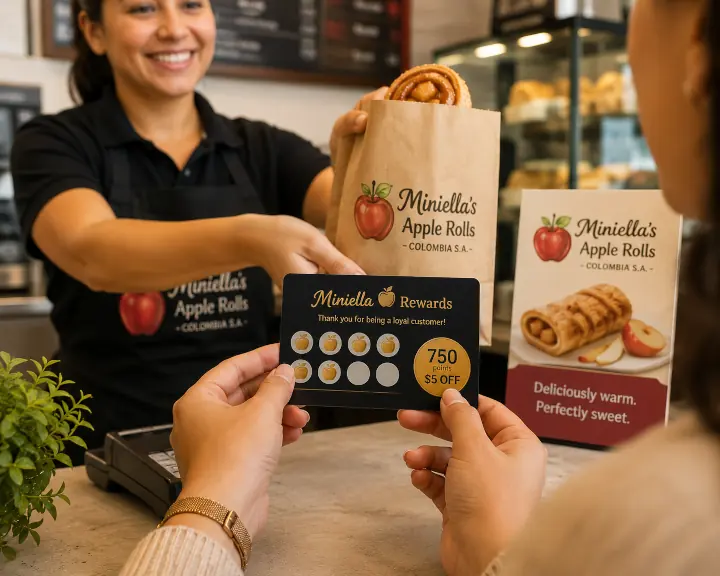 Customer hands holding rewards card with '750 points – $5 OFF', cashier handing over Miniella Apple Roll in paper bag.