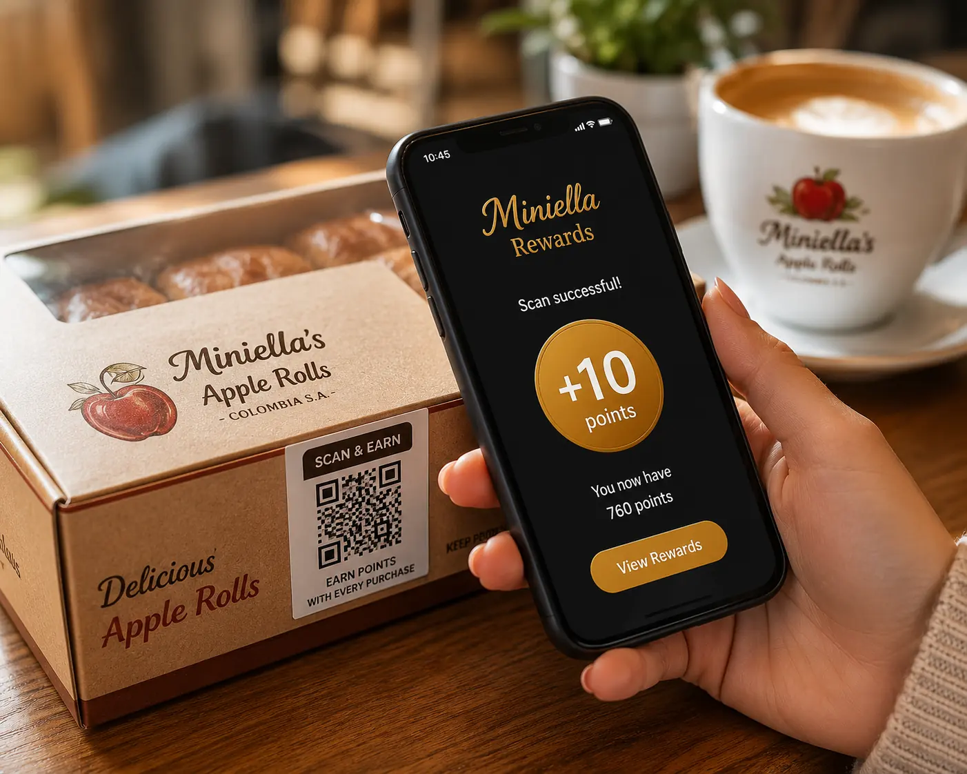 Golden Miniella Apple Roll half with spiced apple filling, next to a black loyalty card with 'Miniella Rewards' and '750 points' badge, premium studio lighting.